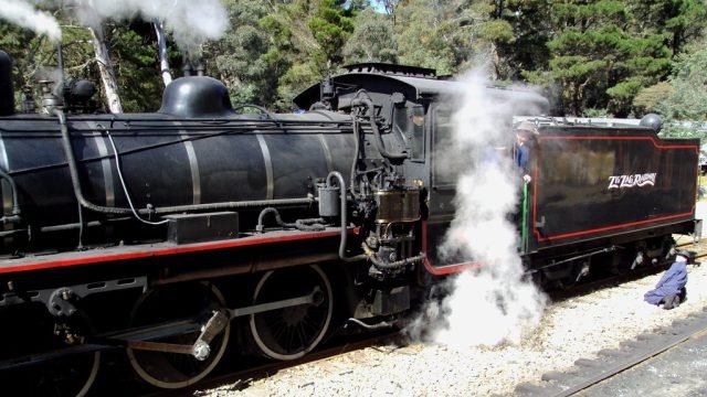 Zig Zag Railway near Lithgow. Steam train departing Clarence Station.