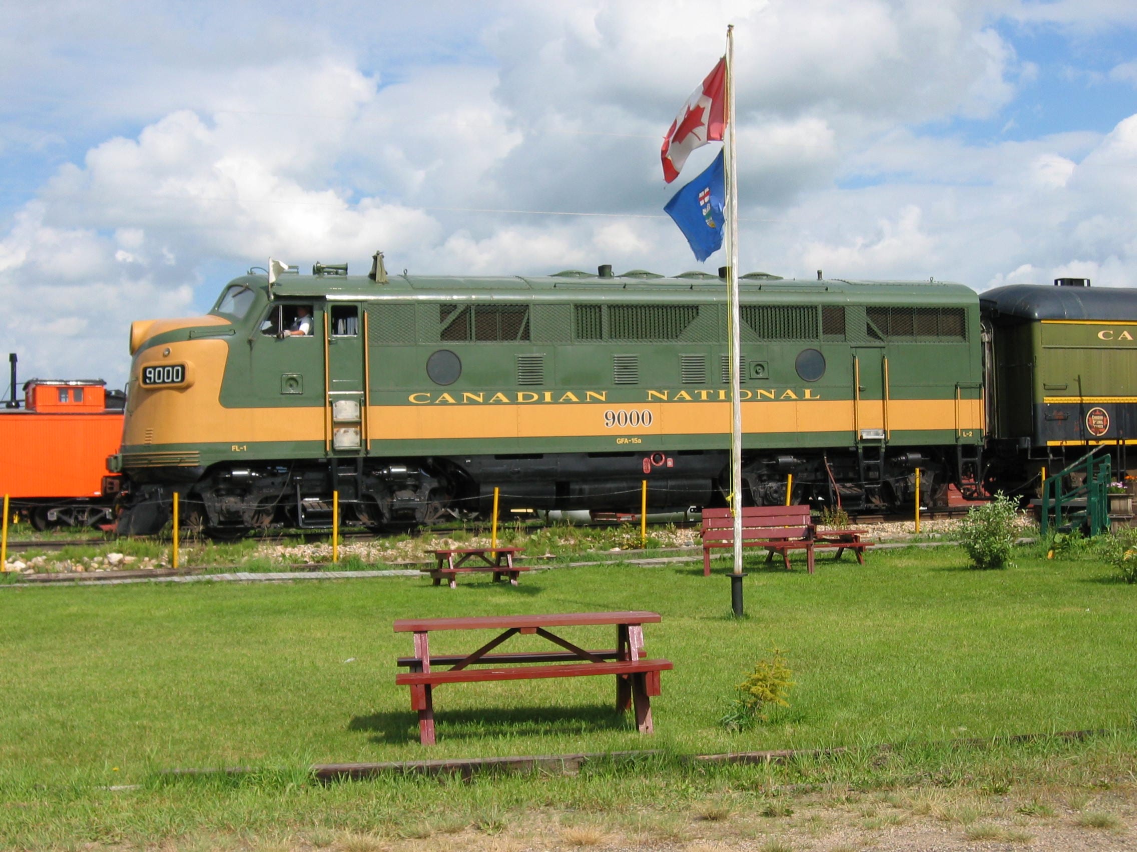 Canadian national railway (cn) locomotive 9000 emd f3a at alberta railway museum 02 aug 2004