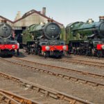 GWR steam locomotives 6023 'King Edward II', 6024 'King Edward I', and 5051 'Earl Bathurst' at Didcot Railway Centre